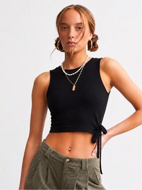 Free People Side Tie Sweater Tank Top Black Cropped Knit Muscle Tank M